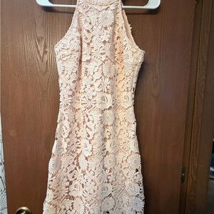 Lulu's Floral Lace Halter Dress in Blush